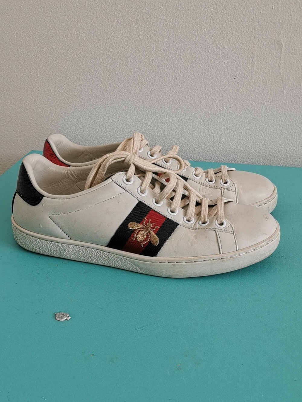 Gucci Ace Bee Sneakers White Leather Web Stripe Metallic Heels Size 36